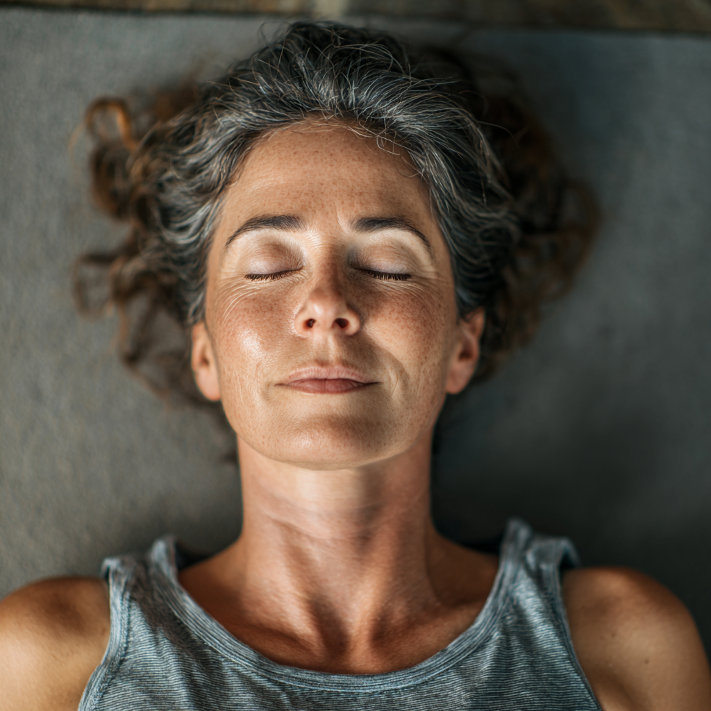 Mosolygós magyar női jóga oktató természetes környezetben, keresztlábbal ülve, békés arckifejezéssel meditál a reggeli napfényben