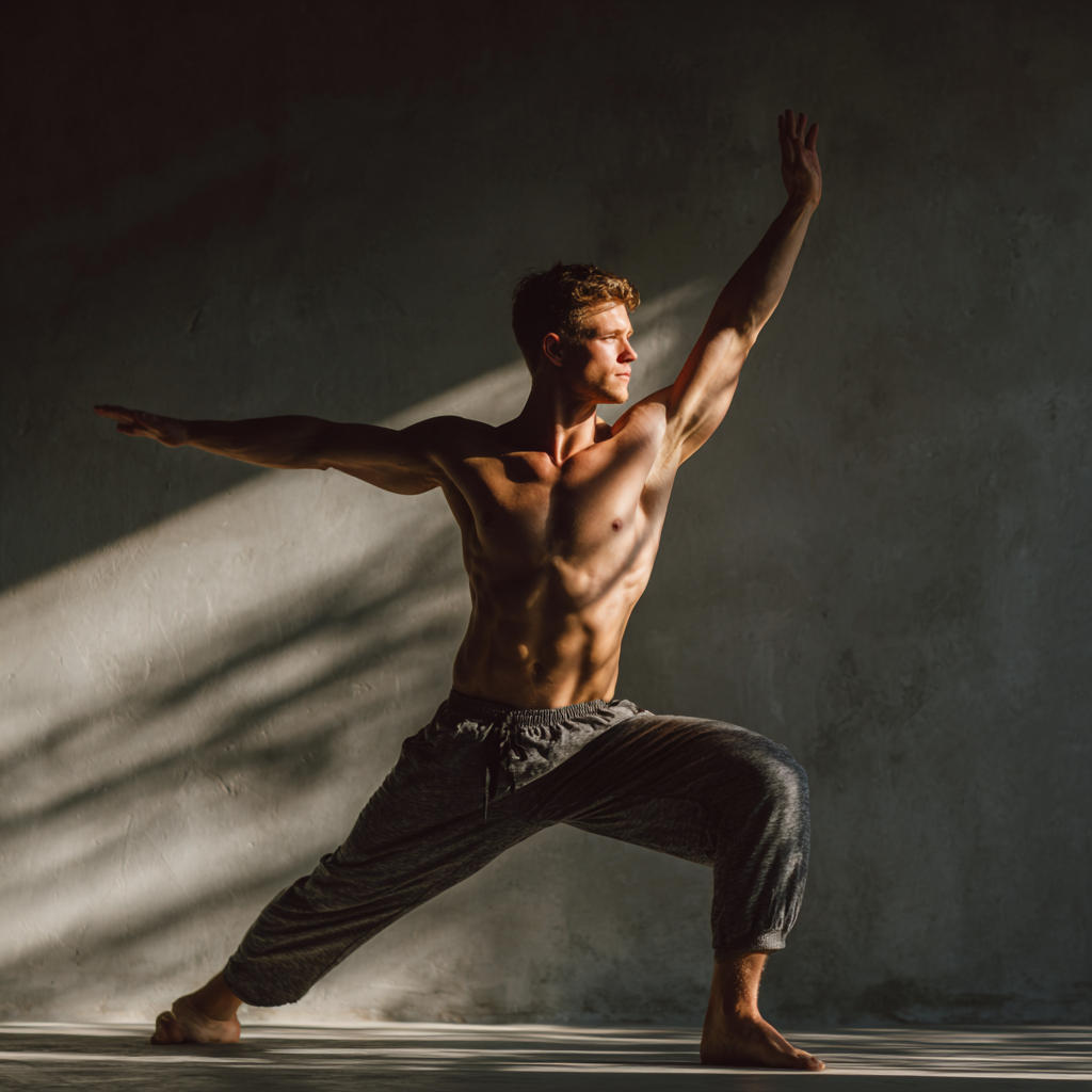 Középkorú magyar férfi jóga gyakorló otthoni környezetben, koncentráltan végez légzőgyakorlatot, nyugodt és elégedett arckifejezéssel