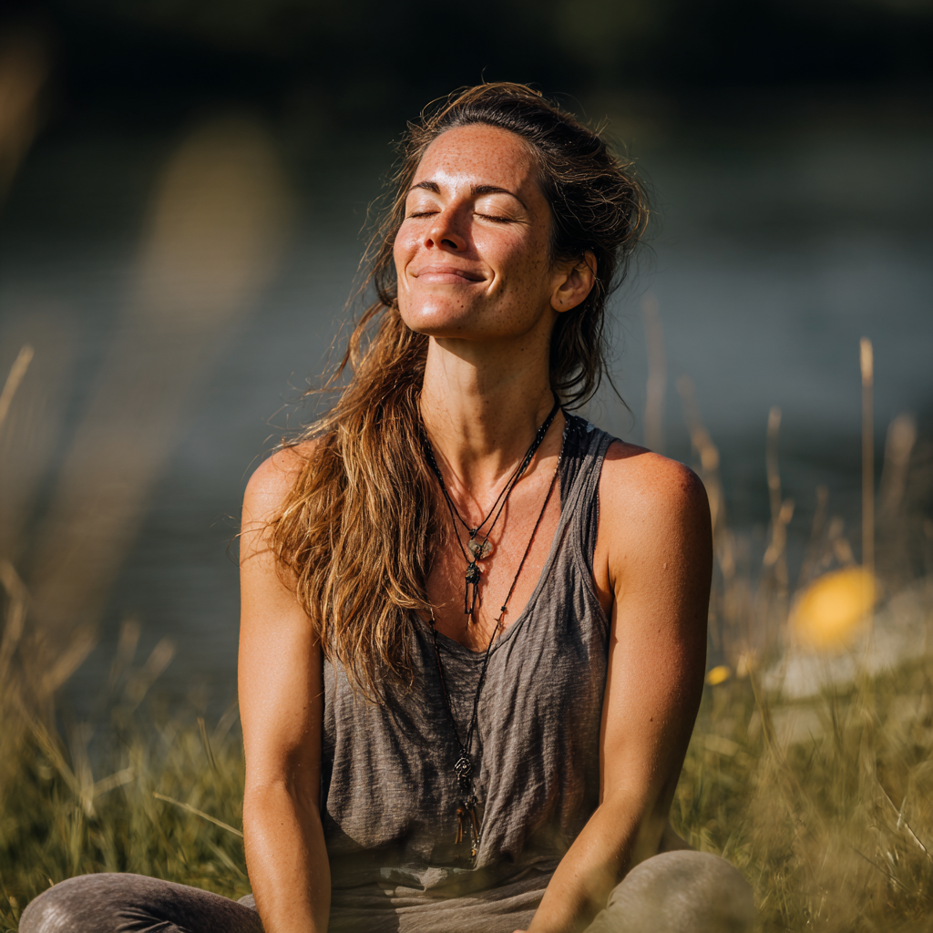 Idősebb magyar női jóga oktató természetes fényben, bölcs és kedves tekintettel, nyugodt környezetben, évtizedes tapasztalat sugárzó arckifejezéssel